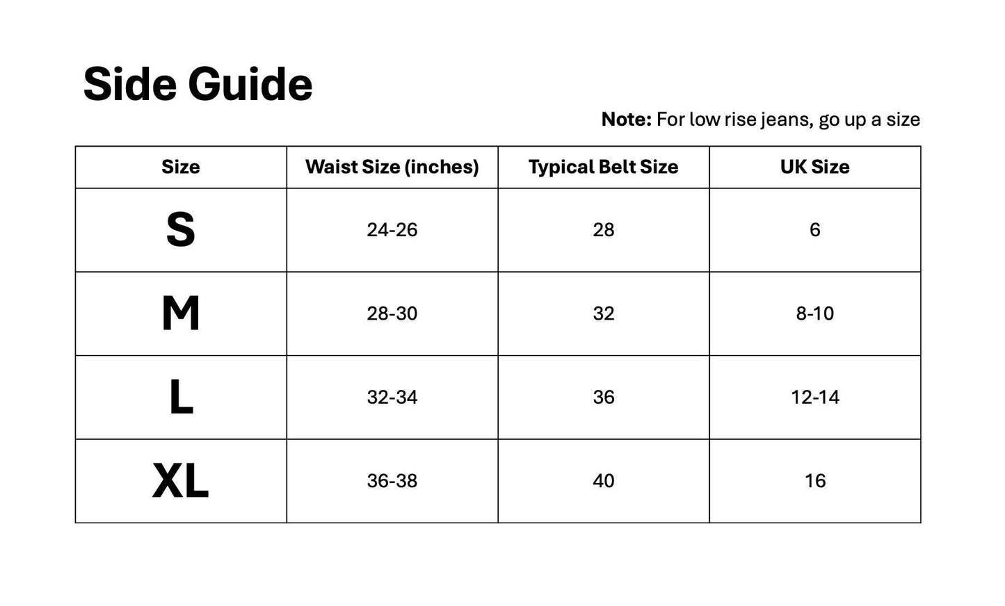 Size chart for waist and belt measurements with notes on low rise jeans.